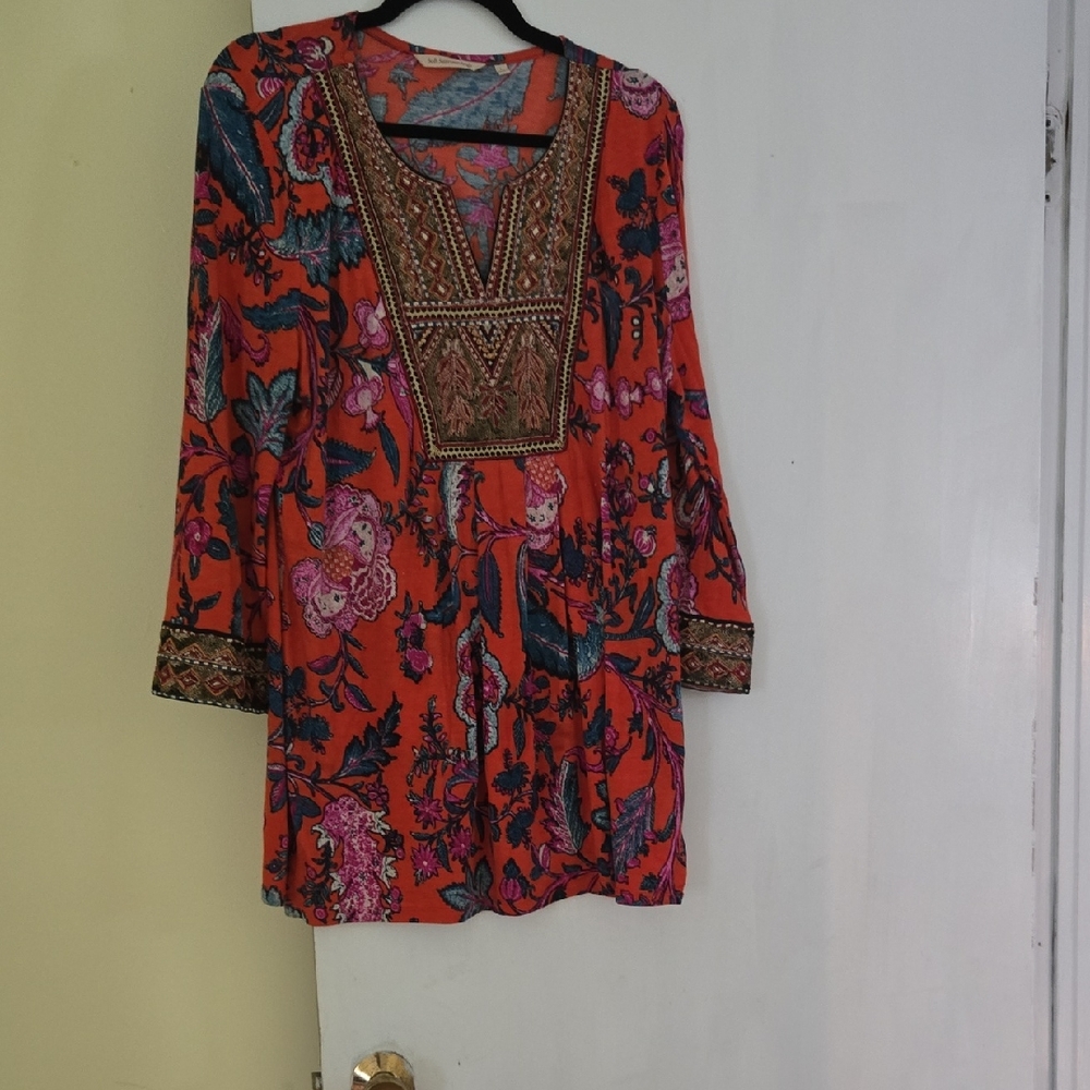 Soft Surroundings Red and Blue Graphic Tunic with Bib Collar